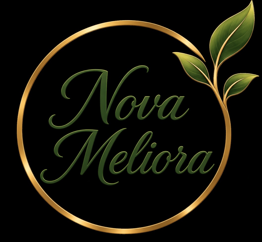 Nova Meliora — circular gold emblem with hand-lettered wordmark and olive sprig